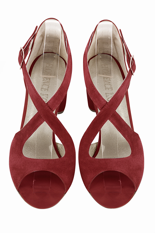 Cardinal red women's closed back sandals, with crossed straps. Round toe. Low flare heels. Top view - Florence KOOIJMAN